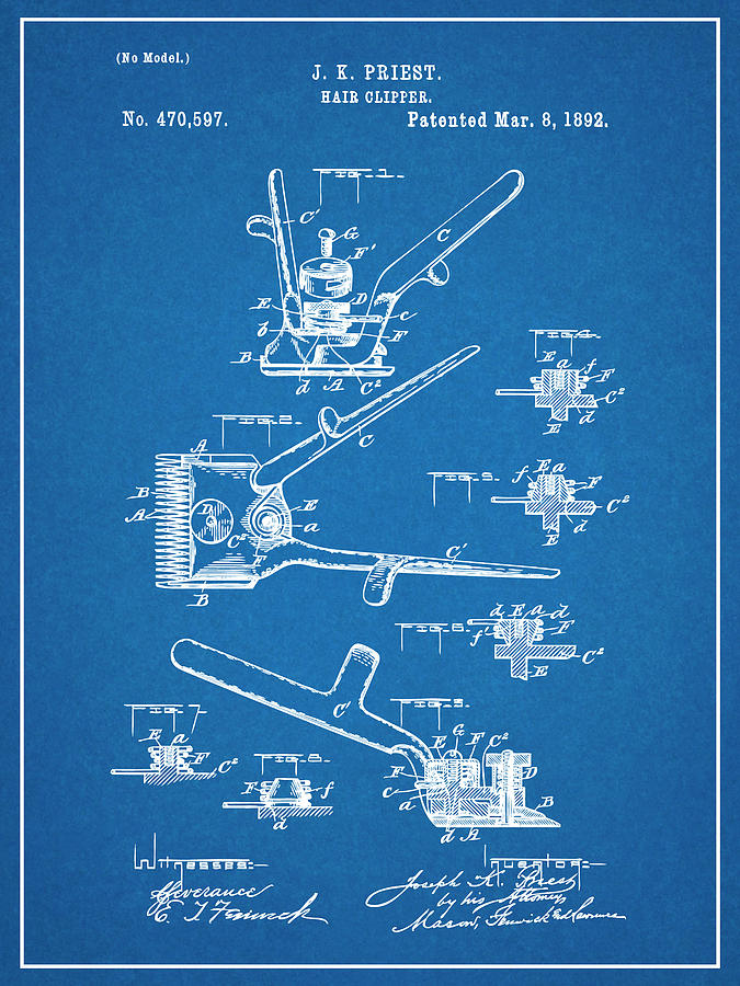 1892 Hair Clipper Blueprint Patent Print Drawing by Greg Edwards
