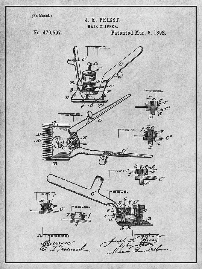 1892 Hair Clipper Gray Patent Print Drawing by Greg Edwards