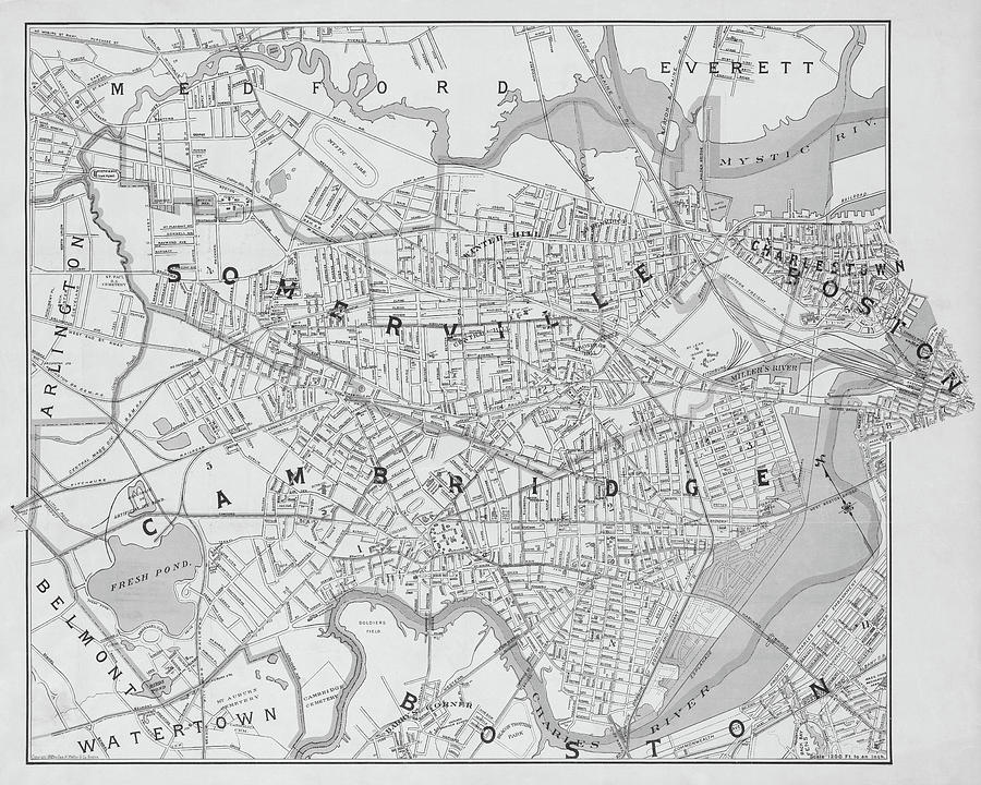 1892 map of Somerville Cambridge Boston Medford Everett Charleston MA Massachusetts Black and White Photograph by Toby McGuire