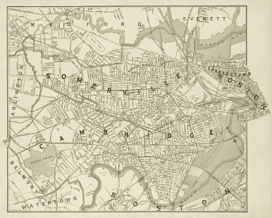 1892 map of Somerville Cambridge Boston Medford Everett Charleston MA Massachusetts Sepia Photograph by Toby McGuire