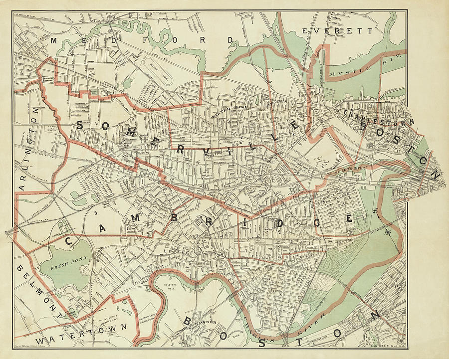1892 map of Somerville Cambridge Boston Medford Everett Charleston MA Massachusetts Photograph by Toby McGuire