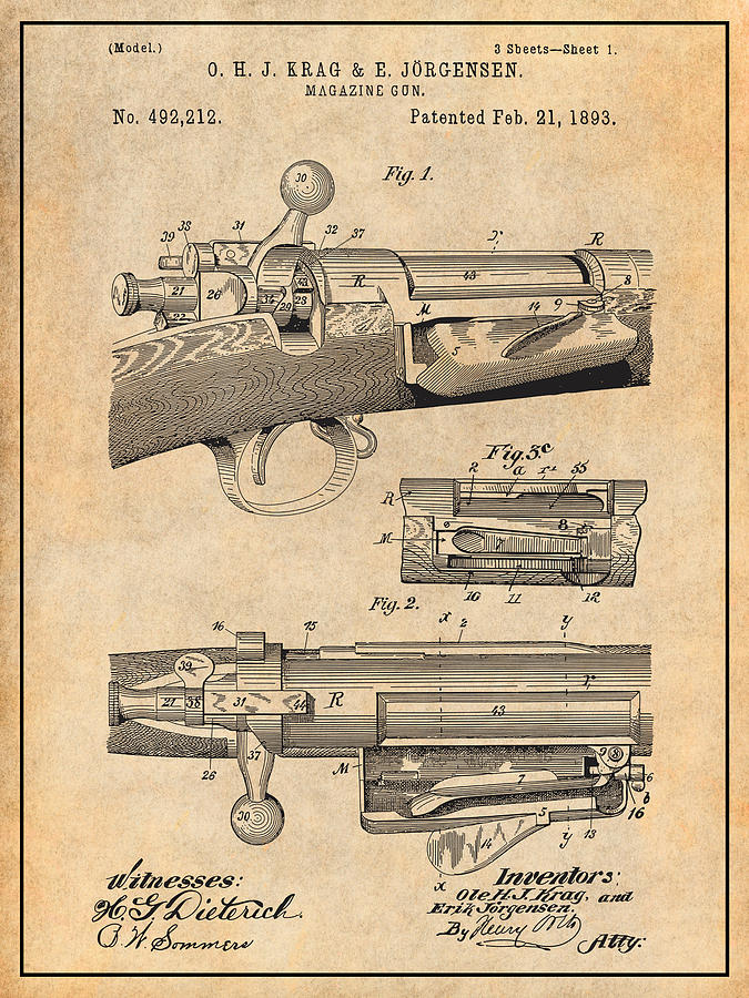 1892 Springfield Model Krag Jorgensen Rifle Patent Print Antique Paper Drawing by Greg Edwards