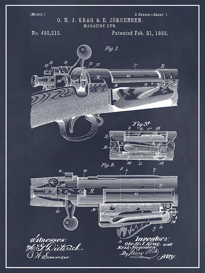 1892 Springfield Model Krag Jorgensen Rifle Patent Print Blackboard Drawing by Greg Edwards