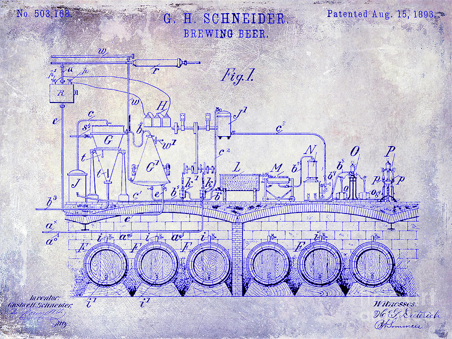 1893 Beer Brewing Patent Blueprint Photograph by Jon Neidert