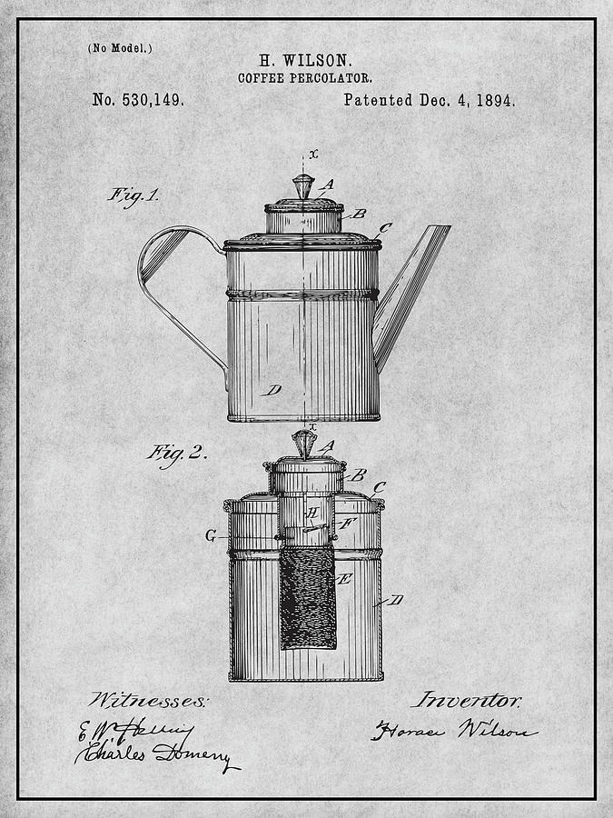 1894 Coffee Percolator Gray Patent Print Drawing by Greg Edwards - Fine ...