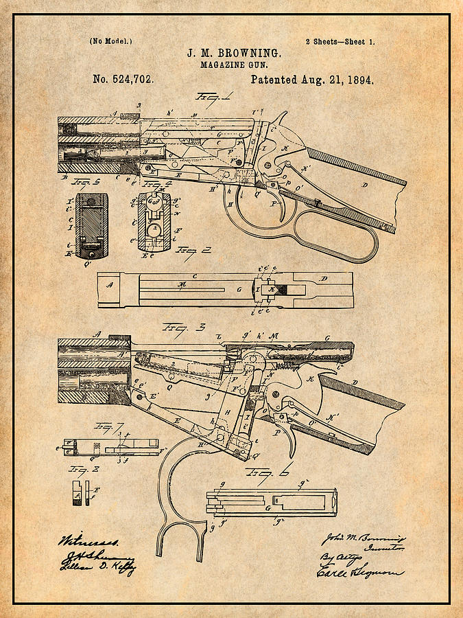 1894 Winchester Lever Action Rifle Antique Paper Patent Print Drawing by Greg Edwards