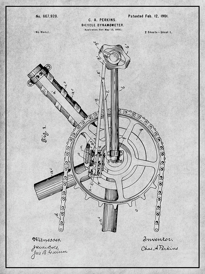 1896 Bicycle Dynamometer Gray Patent Print Drawing by Greg Edwards