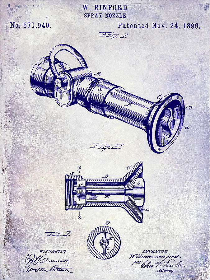 1896 Fire Hose Spray Nozzle Patent Blueprint Photograph by Jon Neidert