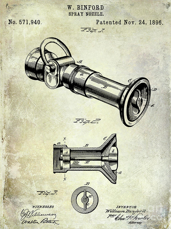 1896 Fire Hose Spray Nozzle Patent  Photograph by Jon Neidert
