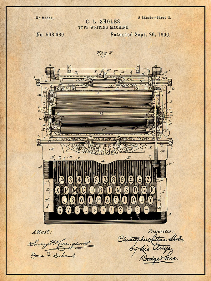 1896 Mechanical Typewriter Antique Paper Patent Print Drawing by Greg ...