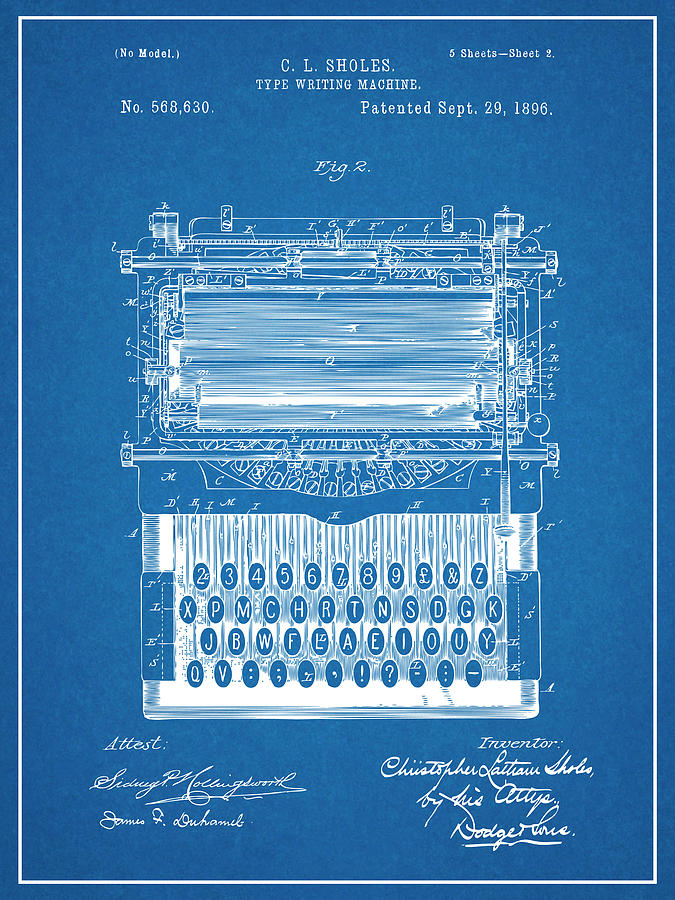 1896 Mechanical Typewriter Blueprint Patent Print Drawing by Greg