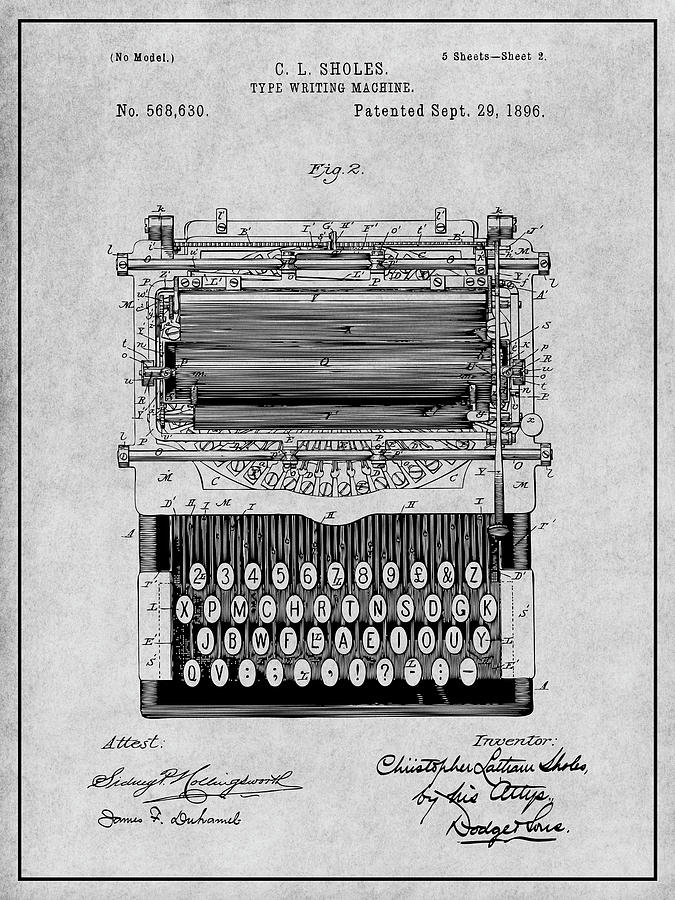 1896 Mechanical Typewriter Gray Patent Print Drawing by Greg Edwards ...