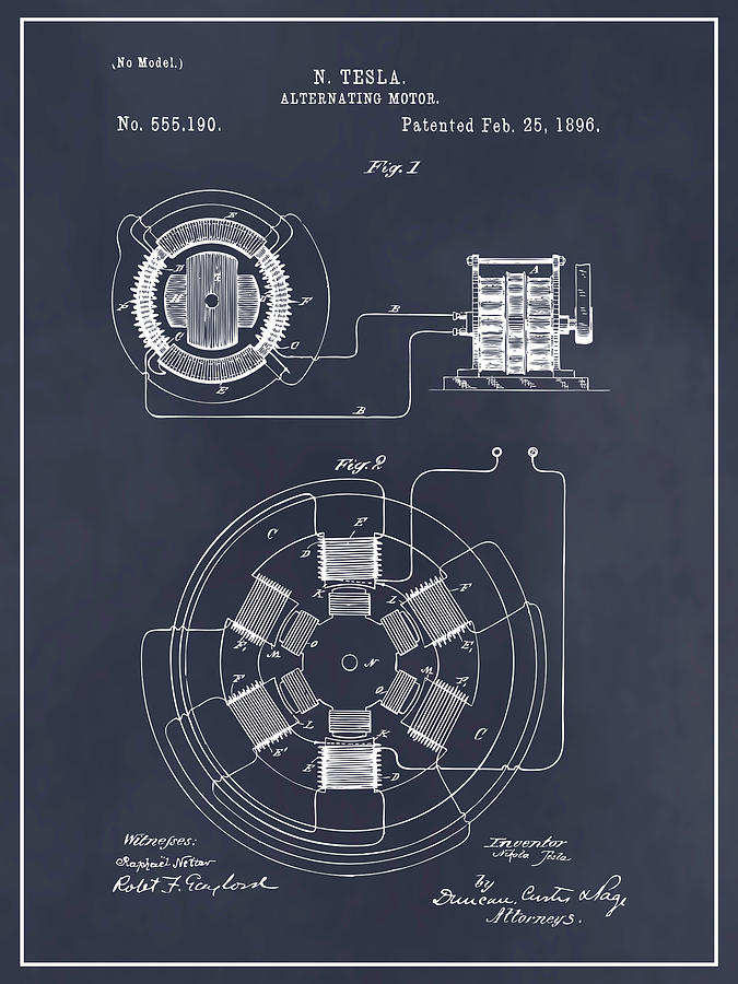 Art & Collectibles Drawing - 1896 Tesla Alternating Motor Blackboard Patent Print by Greg Edwards