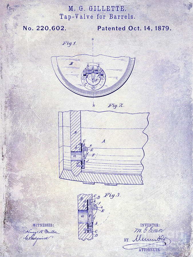 1897 Beer Barrel Tap Valve Patent Blueprint Photograph by Jon Neidert
