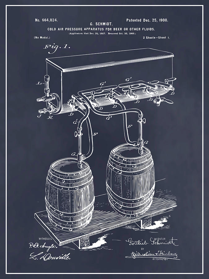 1897 Beer Keg Barrel Cold Air Pressure Apparatus Blackboard Patent Print Drawing by Greg Edwards