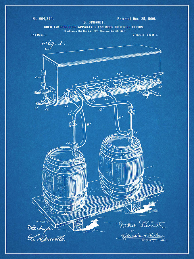 1897 Beer Keg Barrel Cold Air Pressure Apparatus Blueprint Patent Print Drawing by Greg Edwards