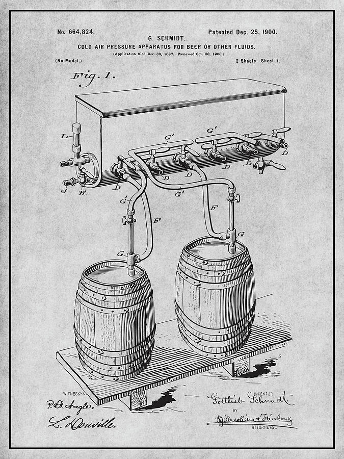 1897 Beer Keg Barrel Cold Air Pressure Apparatus Gray Patent Print  Drawing by Greg Edwards