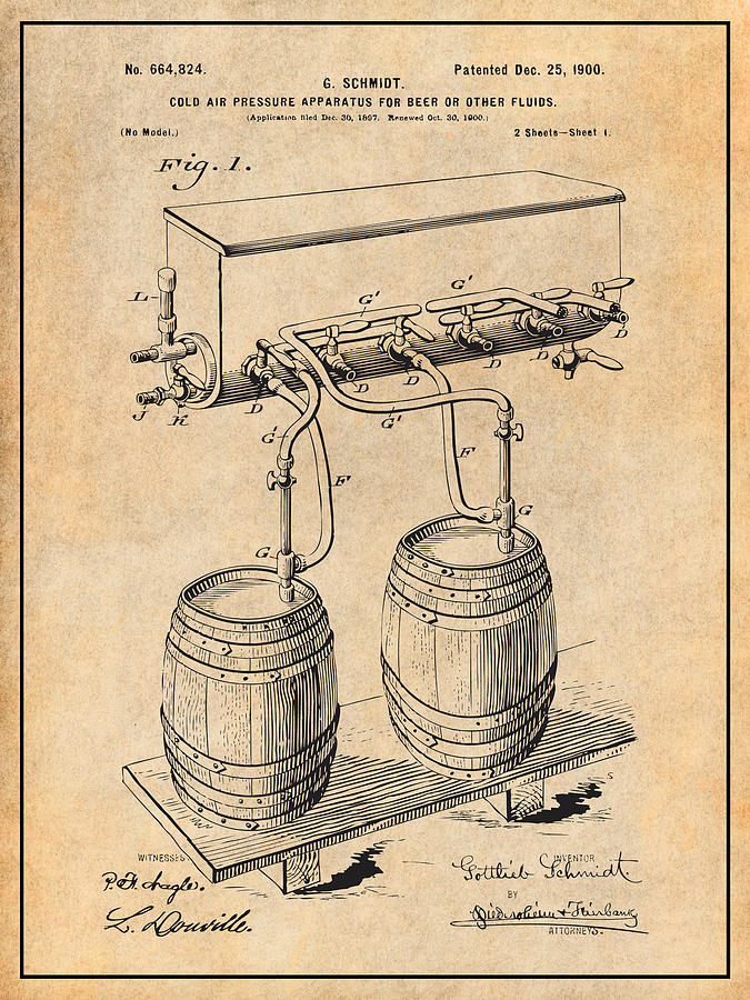 1897 Beer Keg Barrel Cold Air Pressure Apparatus Patent Print Drawing by Greg Edwards