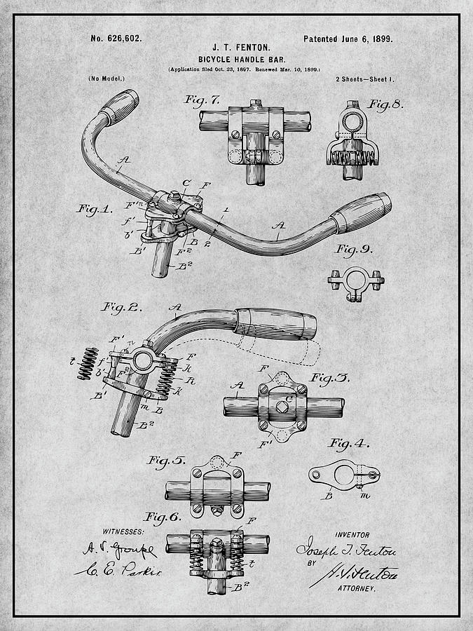 1897 Bicycle Handle Bars Gray Patent Print Drawing by Greg Edwards