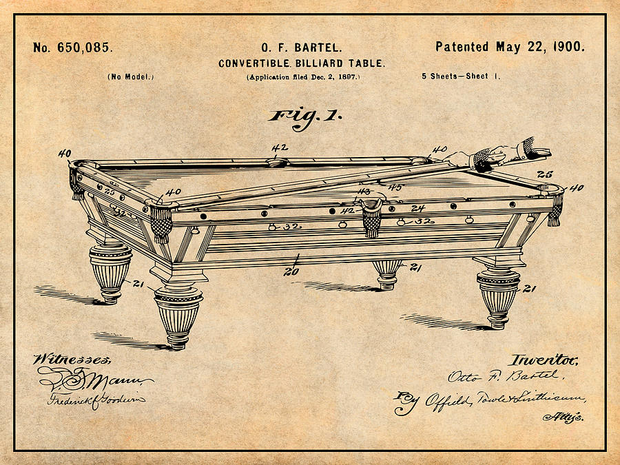 1897 Convertible Billiard Table Antique Paper Patent Print Drawing by Greg Edwards