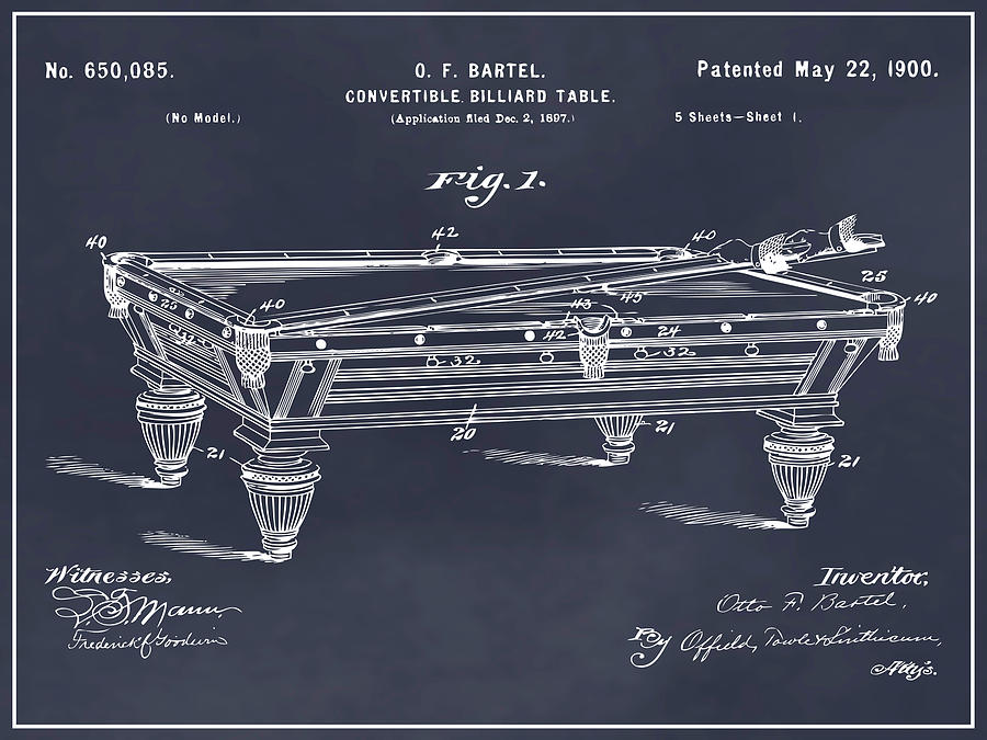 1897 Convertible Billiard Table Blackboard Patent Print Drawing by Greg ...