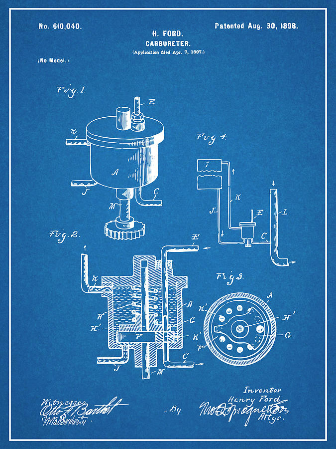 1897 Henry Ford Carburetor Blueprint Patent Print Drawing by Greg ...