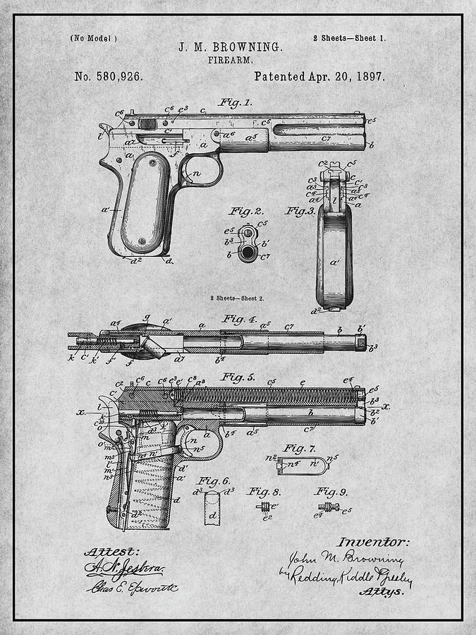 1897 J. M. Browning Pistol Gray Patent Print Drawing by Greg Edwards ...