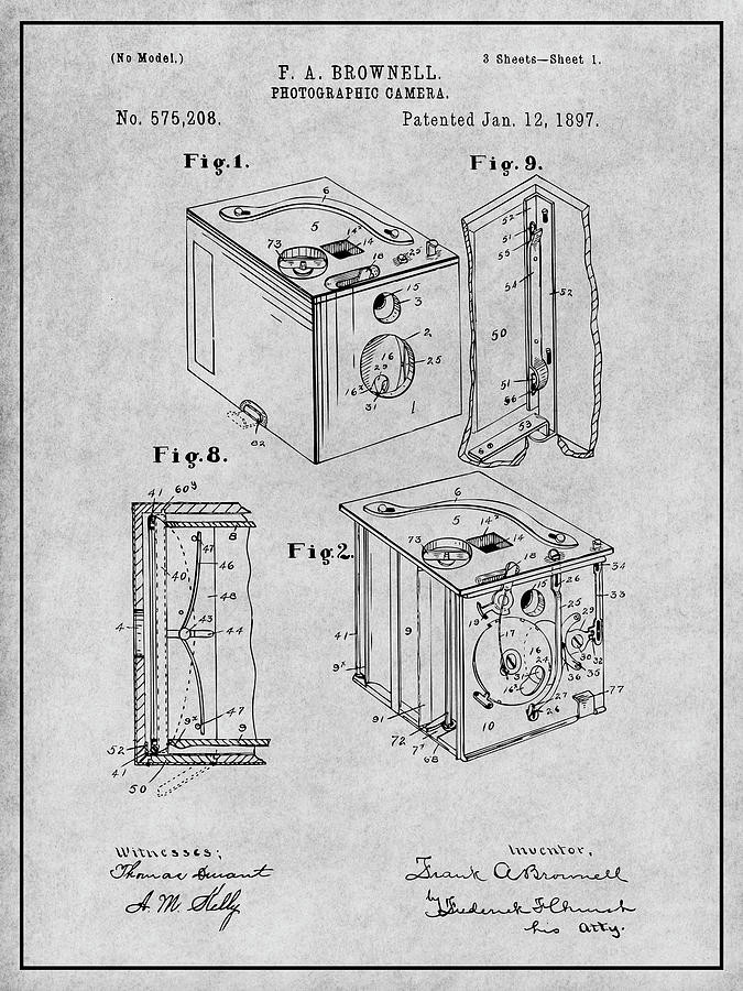 1897 Kodak Brownell Camera Gray Patent Print Drawing by Greg Edwards
