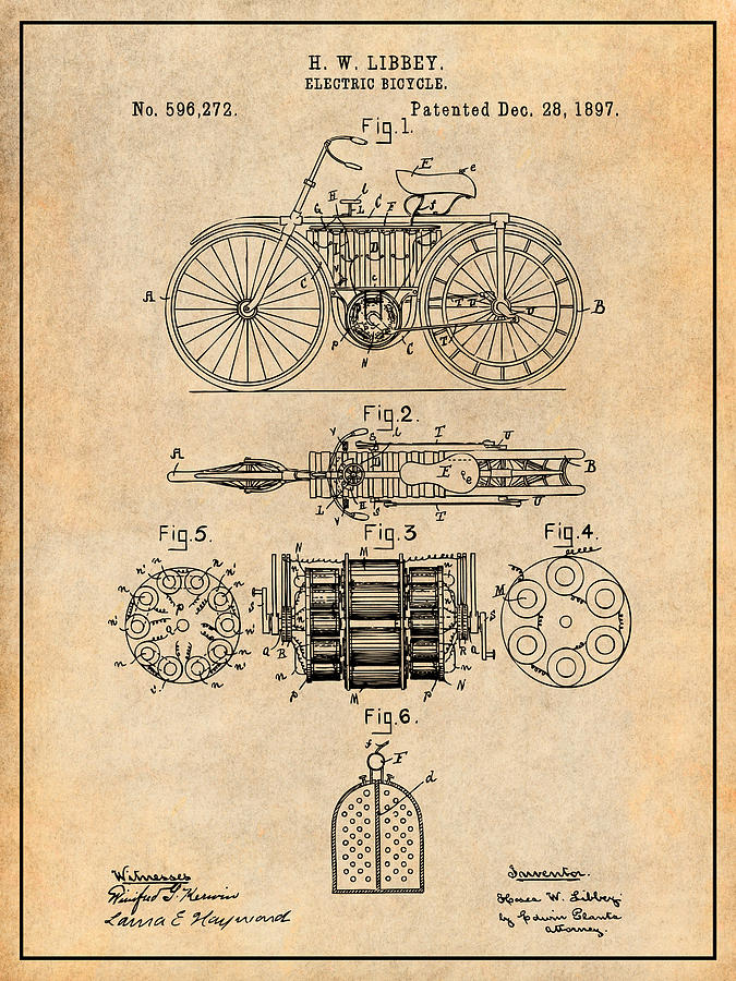 1897 Libbey Electric Bicycle Antique Paper Patent Print Drawing by Greg Edwards