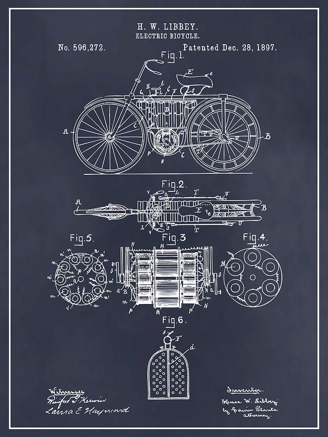 1897 Libbey Electric Bicycle Blackboard Patent Print Drawing by Greg Edwards