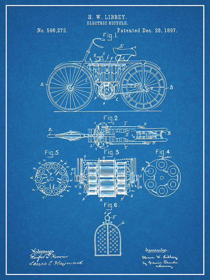 1897 Libbey Electric Bicycle Blueprint Patent Print Drawing by Greg Edwards