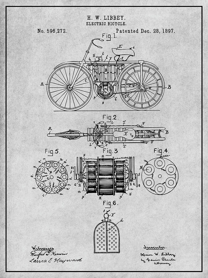 1897 Libbey Electric Bicycle Gray Patent Print Drawing by Greg Edwards