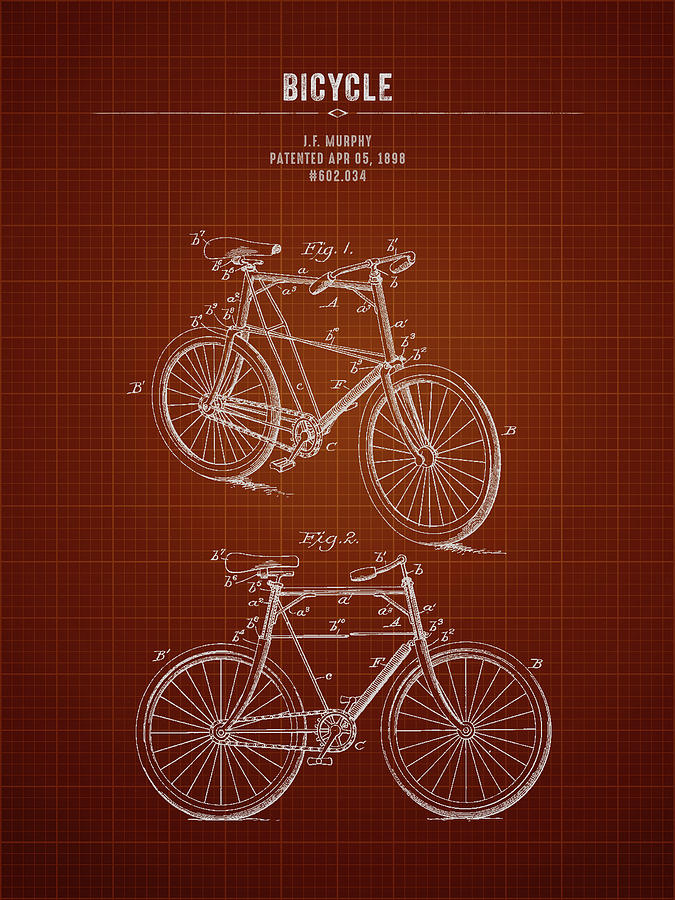 1898 Bicycle - Dark Red Blueprint Digital Art