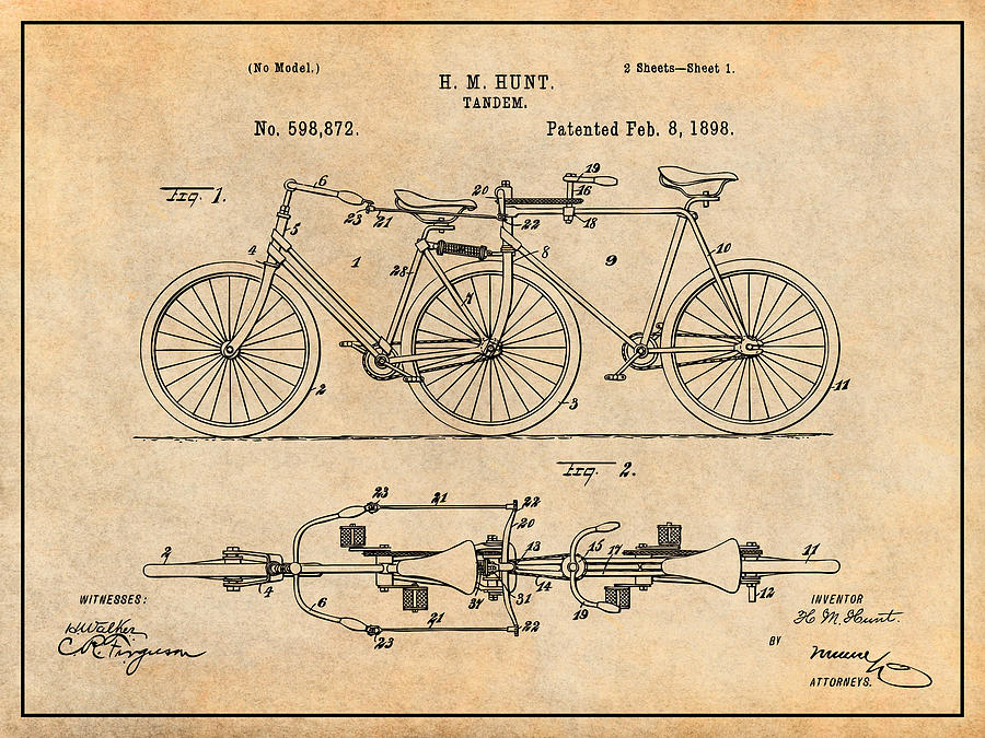 1898 Hunt Tandem Bicycle Antique Paper Patent Print Drawing by Greg Edwards