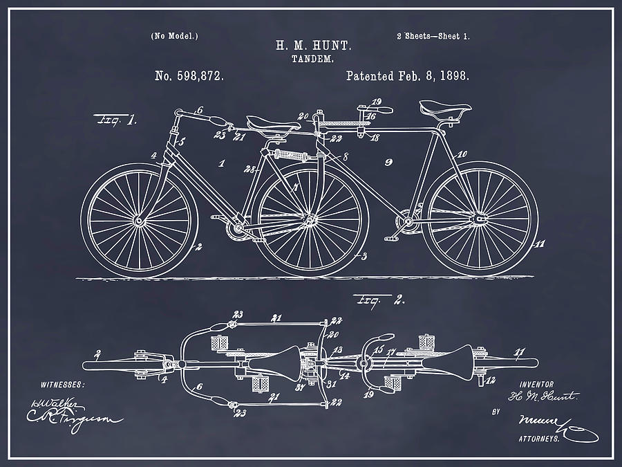 1898 Hunt Tandem Bicycle Blackboard Patent Print Drawing by Greg Edwards