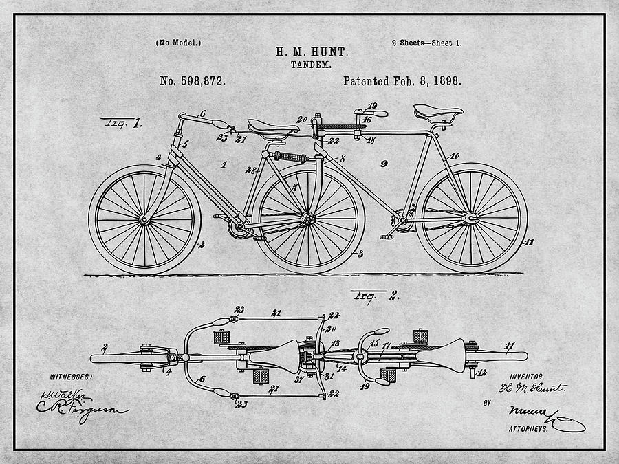 1898 Hunt Tandem Bicycle Gray Patent Print Drawing by Greg Edwards