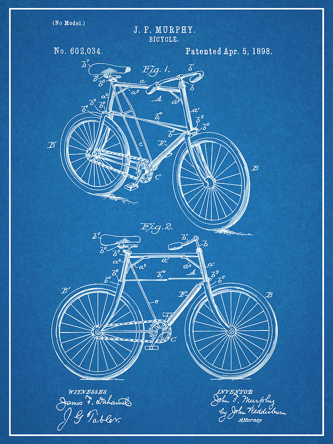 1898 Murphy Bicycle Blueprint Patent Print Drawing by Greg Edwards