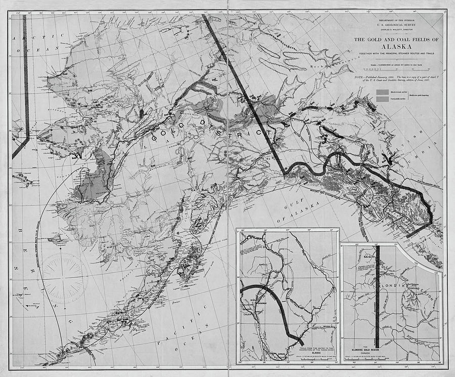 1898 The Gold and Coal Fields of Alaska Map Black and White Digital Art by Toby McGuire