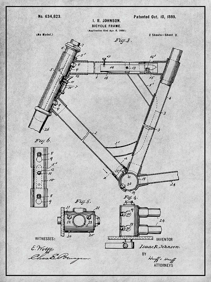 1899 Bicycle Frame Gray Patent Print Drawing by Greg Edwards
