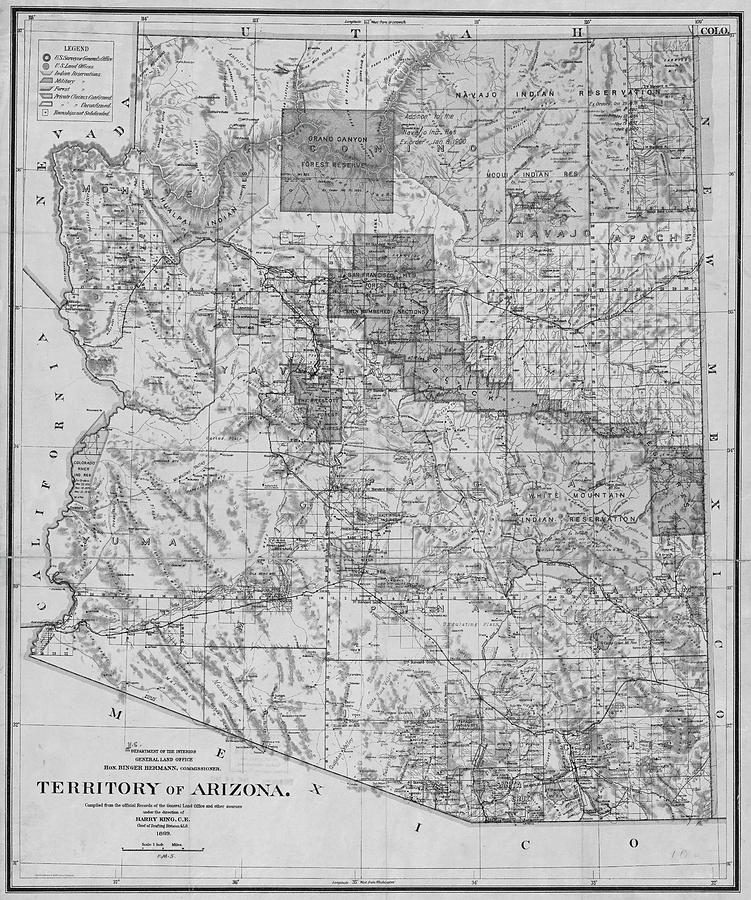 1899 Territory of Arizona Map Historical Map Black and White Digital Art by Toby McGuire
