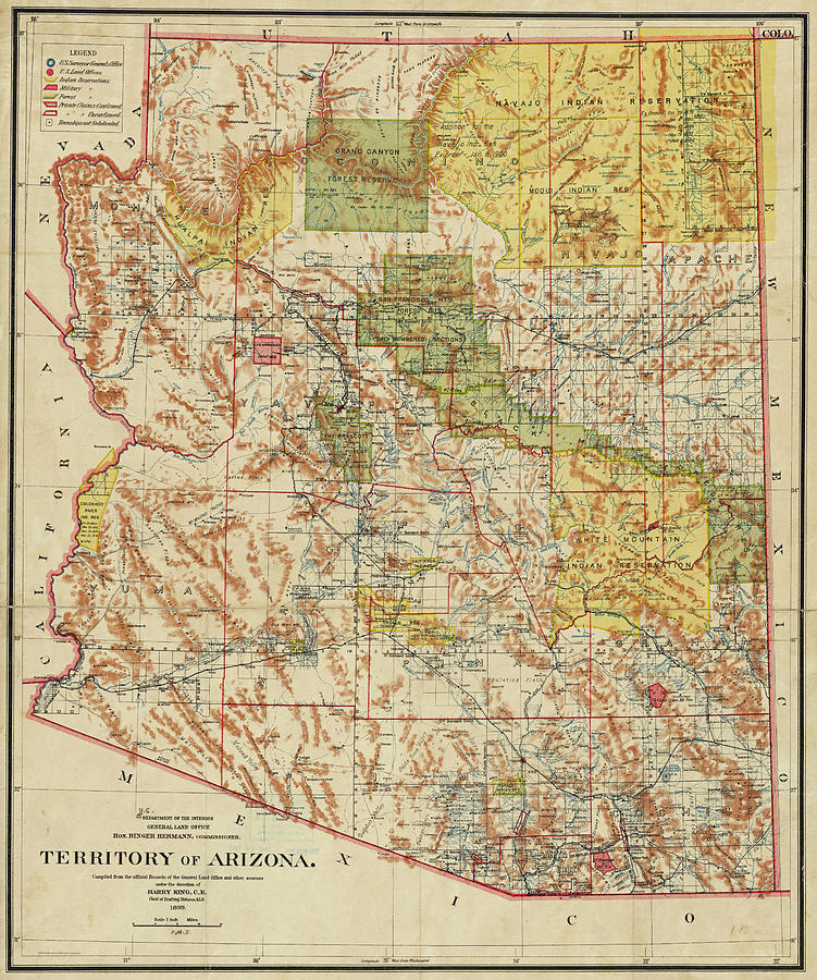 Vintage Digital Art - 1899 Territory of Arizona Map Historical Map by Toby McGuire