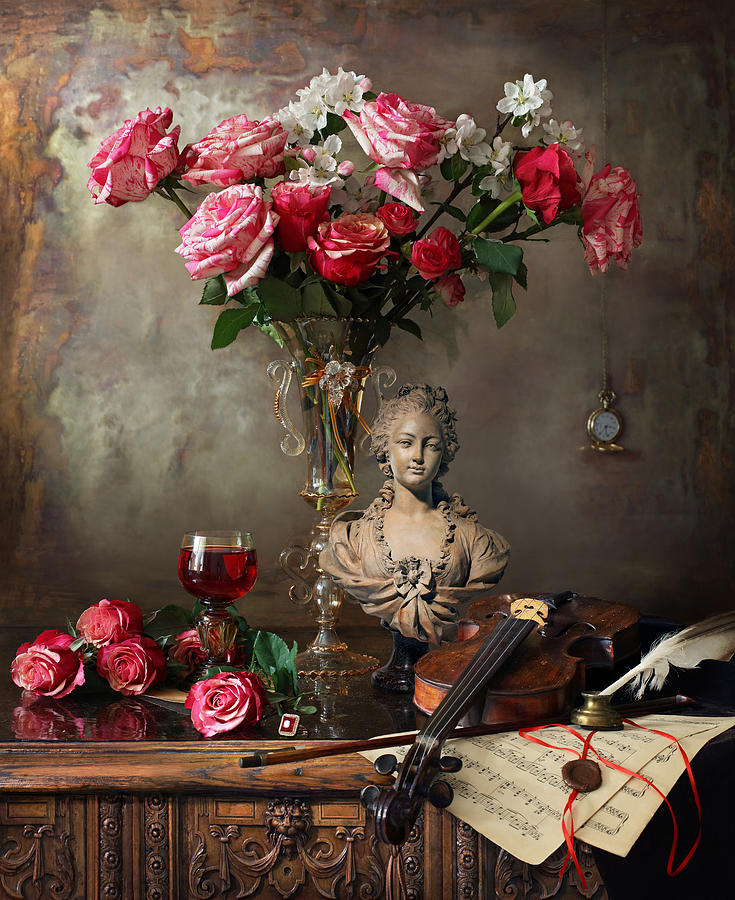 Flower Photograph - Still Life With Violin And Flowers #19 by Andrey Morozov