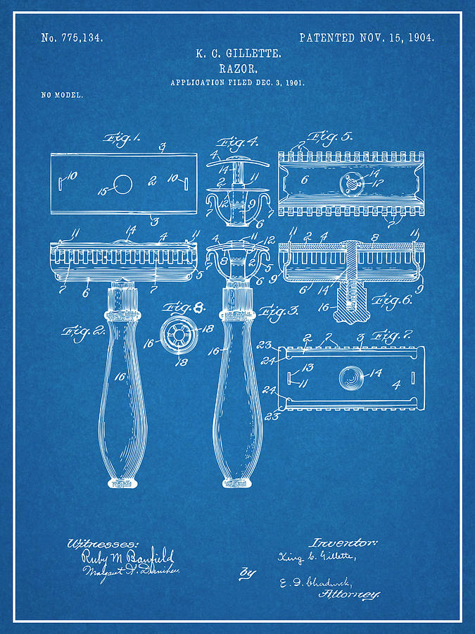 1901 Gillette Safety Razor Blueprint Patent Print Drawing by Greg Edwards