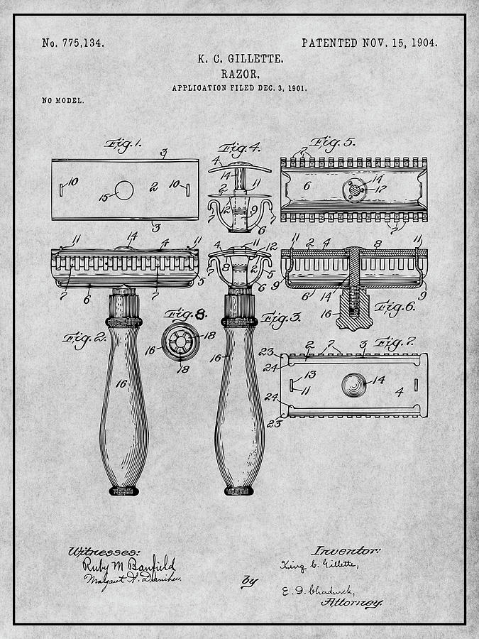 1901 Gillette Safety Razor Gray Patent Print Drawing by Greg Edwards