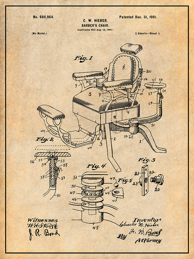 1901 Hieber Antique Barber Chair Antique Paper Patent Print Drawing by Greg Edwards
