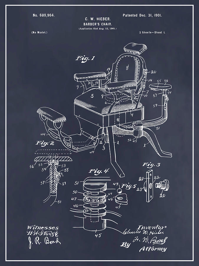 1901 Hieber Antique Barber Chair Blackboard Patent Print Drawing by Greg Edwards