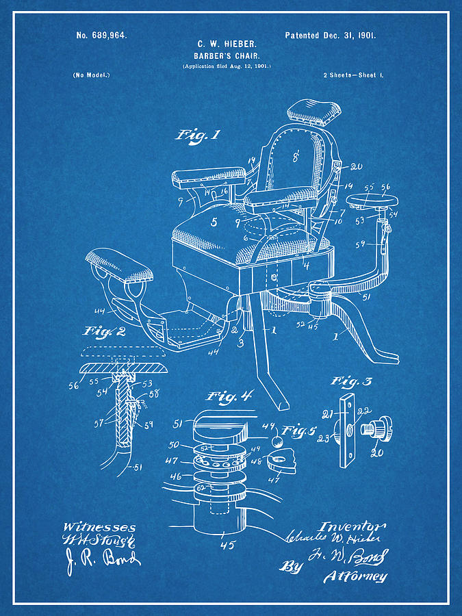 1901 Hieber Antique Barber Chair Blueprint Patent Print Drawing by Greg Edwards