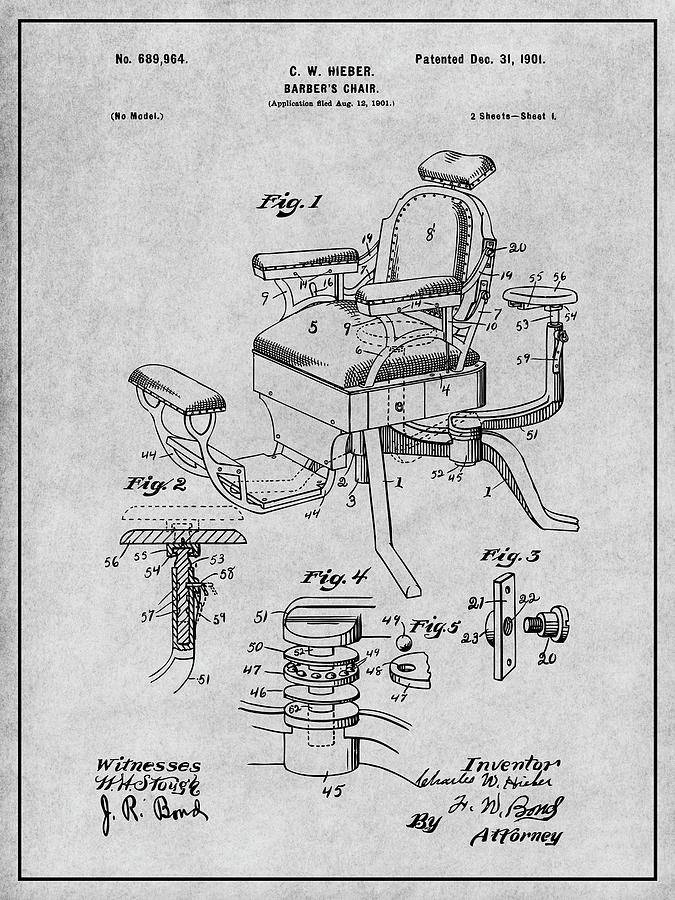1901 Hieber Antique Barber Chair Gray Patent Print Drawing by Greg Edwards