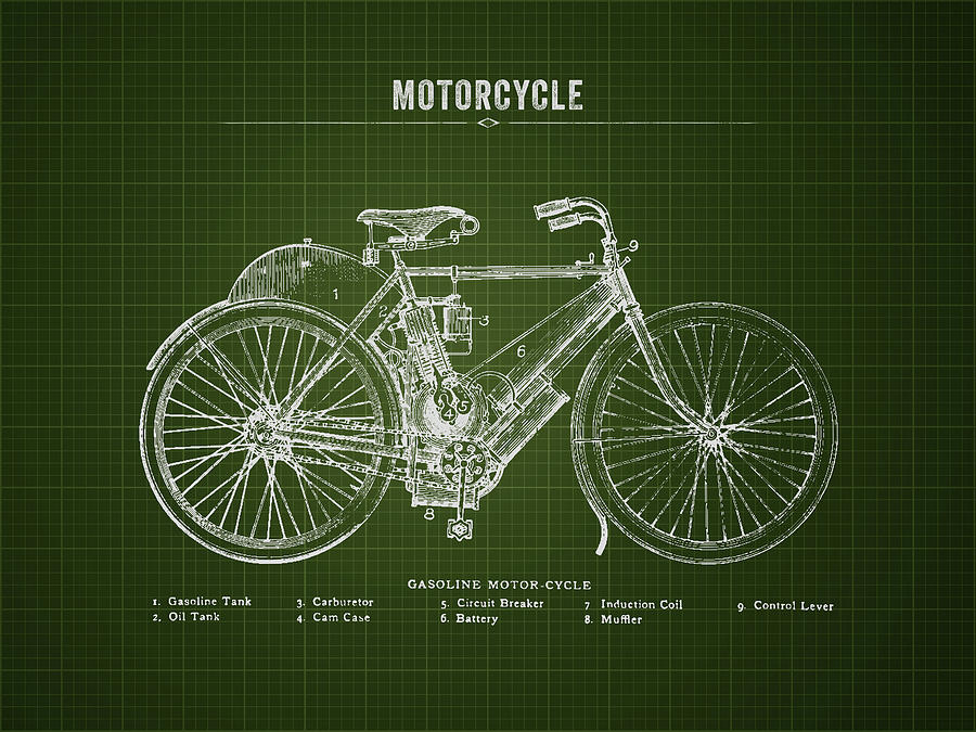 Indian Motorcycle Digital Art - 1901 Indian Motorcycle Prototype - Dark Green Blueprint by Aged Pixel