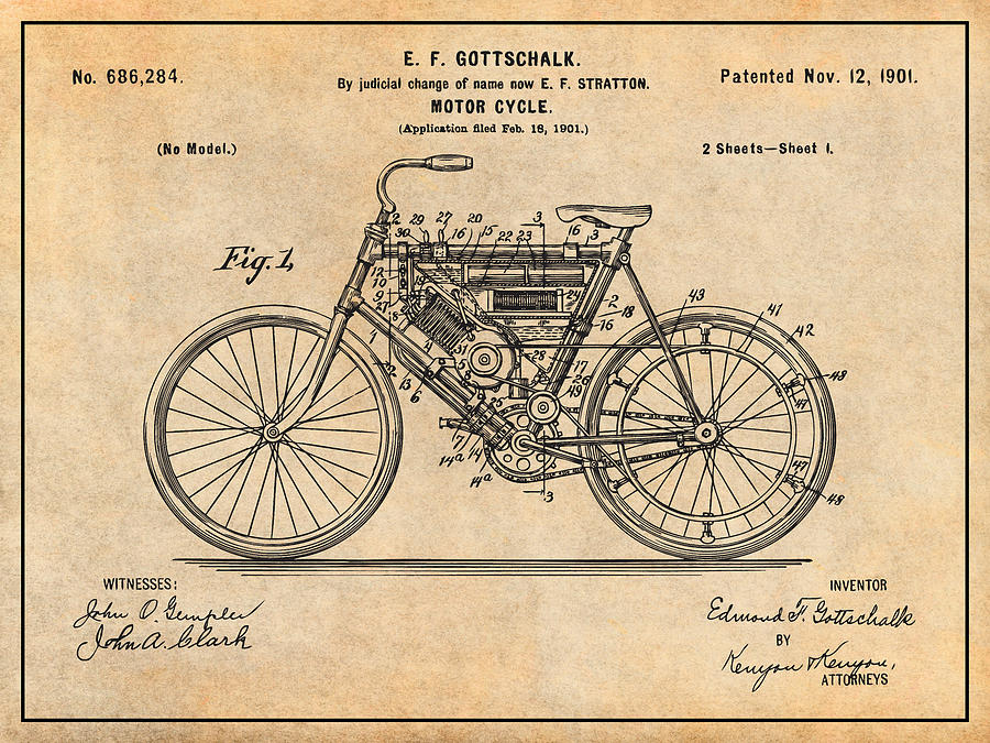 1901 Stratton Motorcycle Antique Paper Patent Print Drawing by Greg Edwards